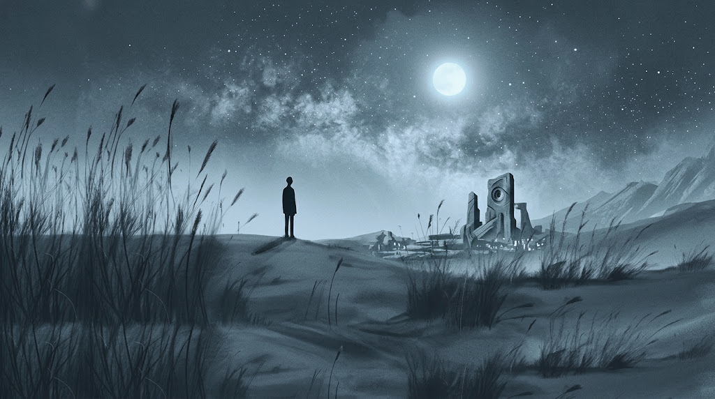 Un paesaggio notturno, una figura solitaria sotto la luna e un'architettura sospesa nel silenzio.
